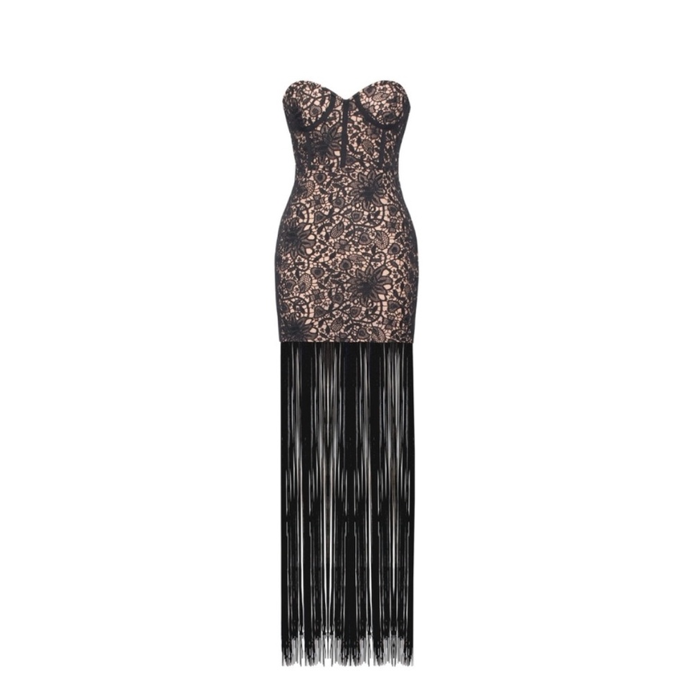 Size 12/XL MISS CIRCLE Black Lace Long Fringed Strapless Dress NEW with Tags - Picture 4 of 15